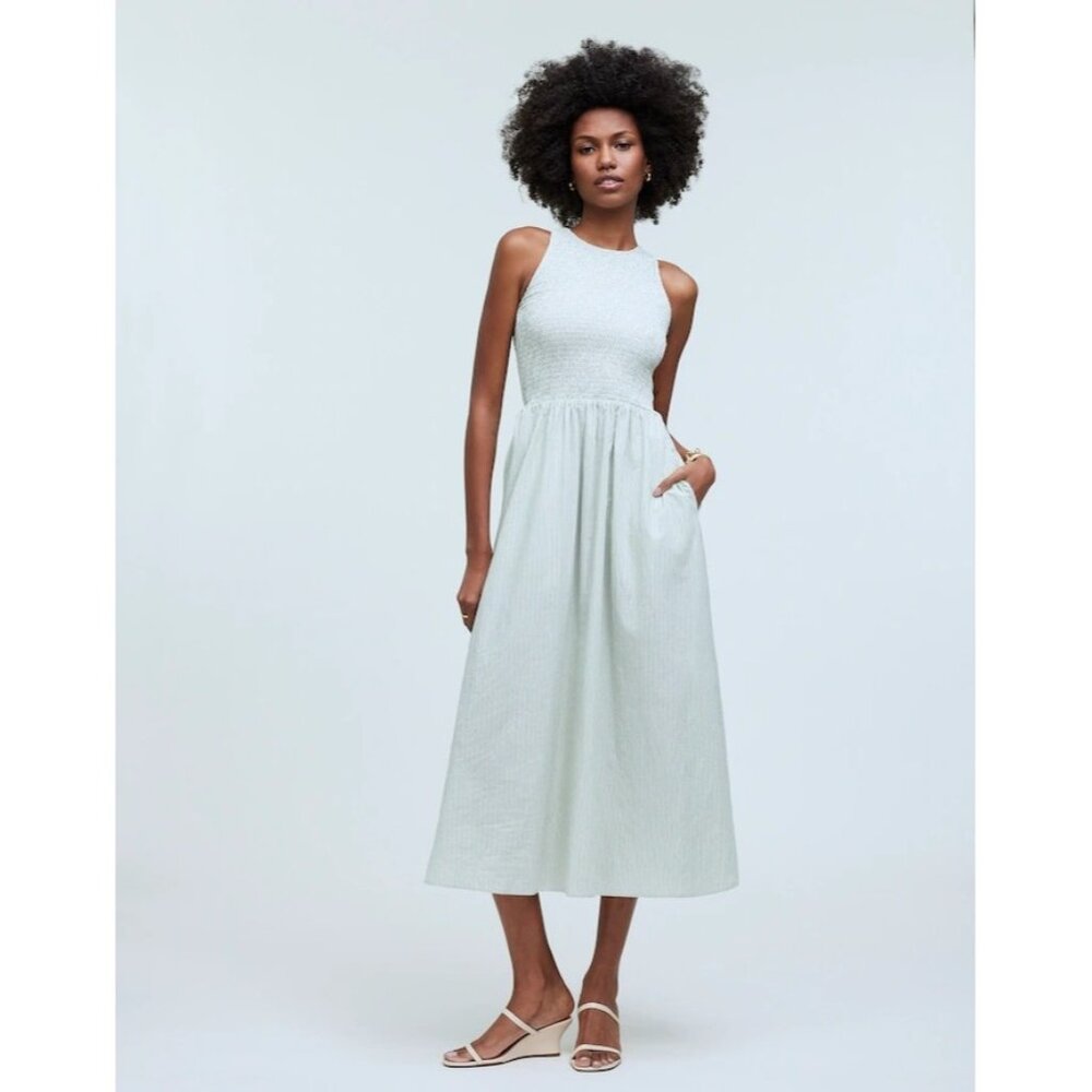 Madewell The Melody Smocked Midi Dress in Pistachio